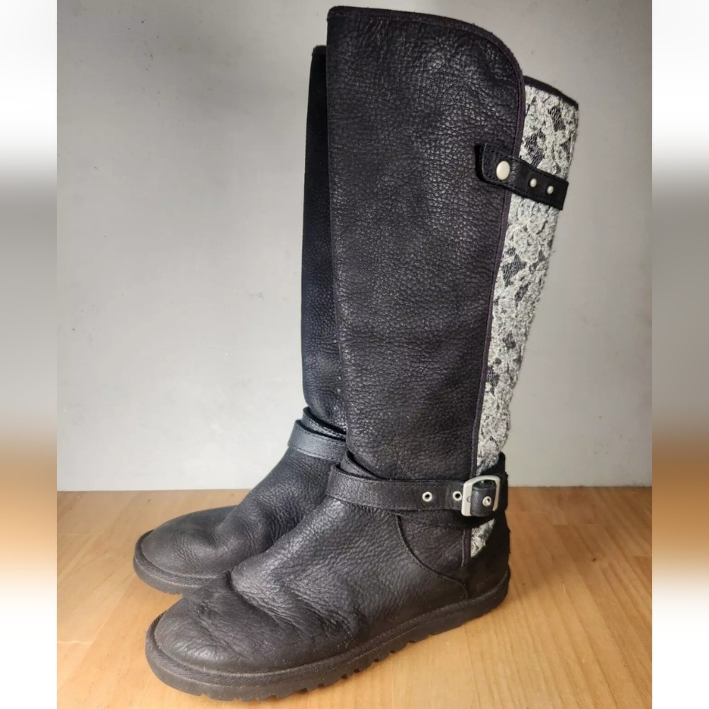 UGG Women's Marielle Boots 6 Black Leather Lace Sheepskin Winter Australia
